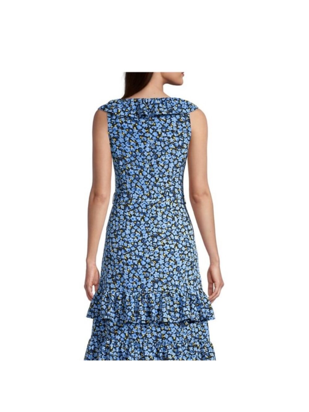 Likely Morrell Ruffled Floral Asymmetric Midi Dress Blue White Yellow Sz 6 - Picture 2 of 16